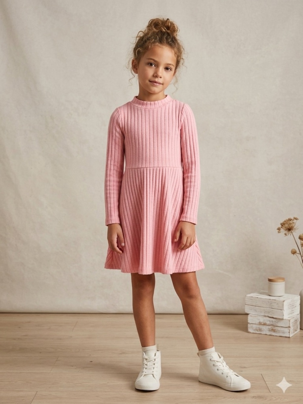 Girls' Long-Sleeve Ribbed Knit Dress in Soft Pink